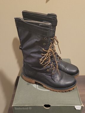 Timberland Black Combat Moto Boots with Tan Laces